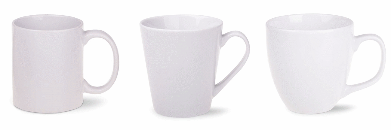 kaffeetasse bedrucken lassen Vergleich der drei Grundformen zylindrisch konisch und bauchig