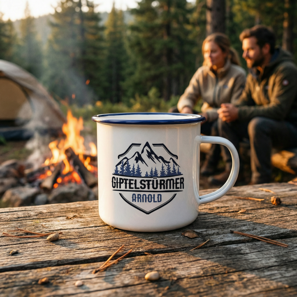 Emaillebecher blauer Rand beim Camping Emaillebecher mit blauem Rand und Logo beim Camping am Lagerfeuer vor einem Zelt