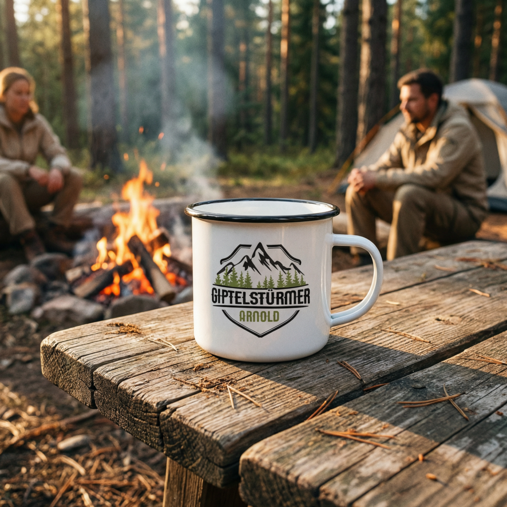 Emaillebecher schwarzer Rand beim Camping Emaillebecher mit schwarzem Rand und Logo beim Camping am Lagerfeuer vor einem Zelt