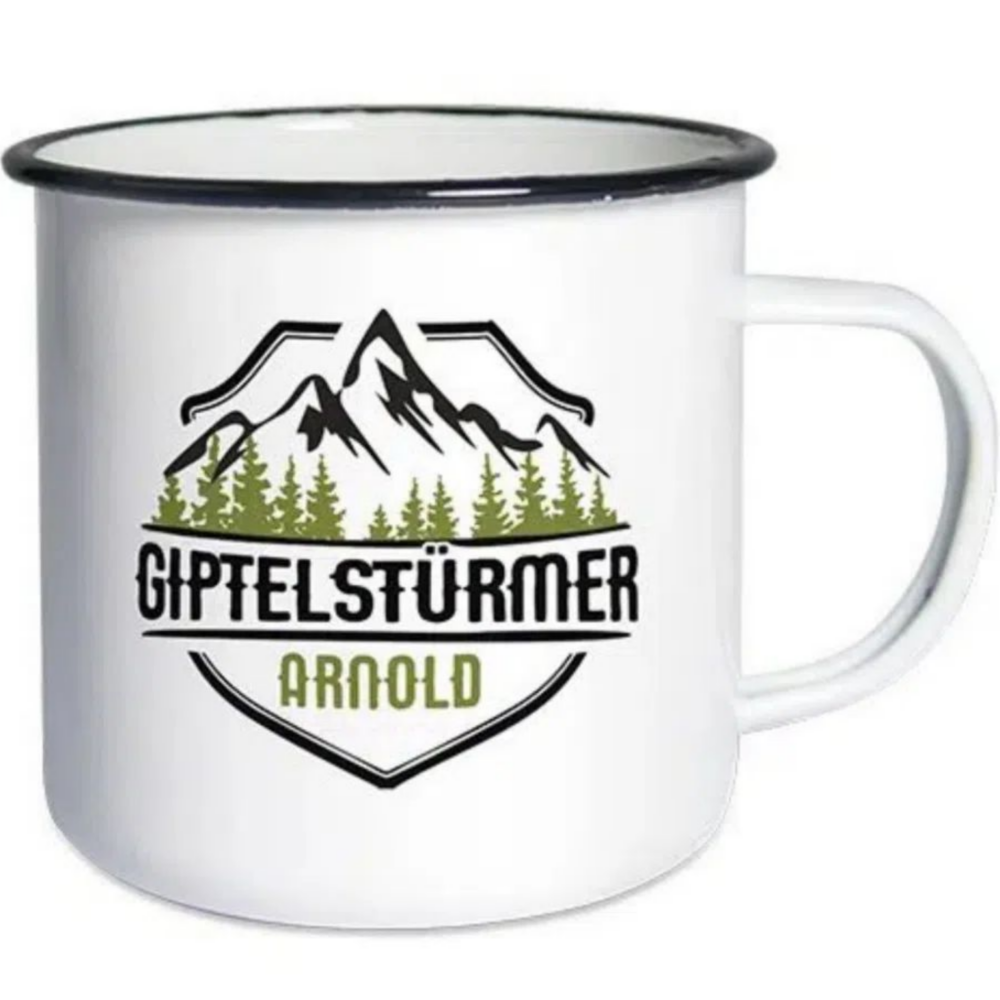 Emaillebecher 480 ml schwarzer Rand – mit Logo bedruckt Emaillebecher 480 ml weiß mit schwarzem Rand, bedruckt mit Berg-Logo und Namen, freigestellt