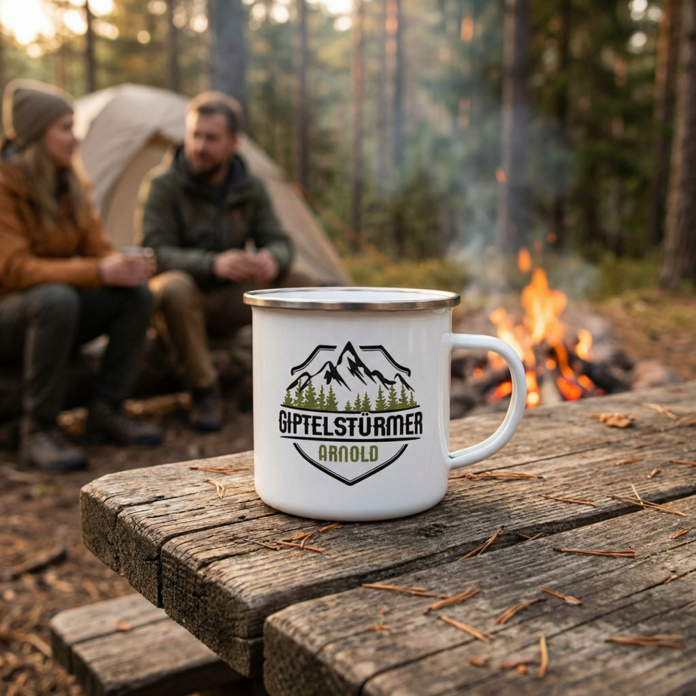 Emaillebecher silberner Rand beim Camping Emaillebecher mit silbernem Rand und Logo beim Camping am Lagerfeuer vor einem Zelt