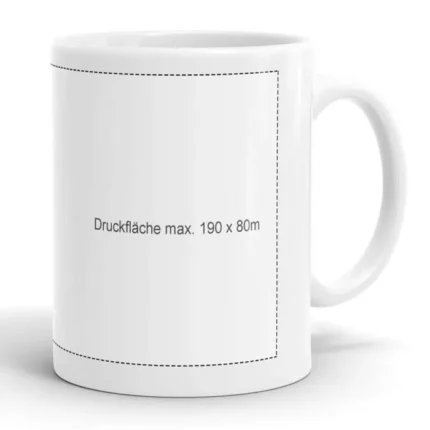 Weiße Keramiktasse mit gestrichelter Markierung für eine 190 × 80 mm Druckfläche – ideal, um einen Becher bedrucken zu lassen.