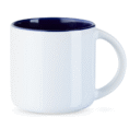 Weiße Keramiktasse mit kobaltblauem Innenbereich und großem Henkel, ideal als Firmenlogo Tasse für personalisierte Werbung.
