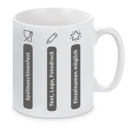 Detailansicht eines weißen Kaffeebecher mit Logo, der spülmaschinenfeste Qualität, Text-, Logo- und Fotodruck sowie Personalisierung mit Einzelnamen zeigt