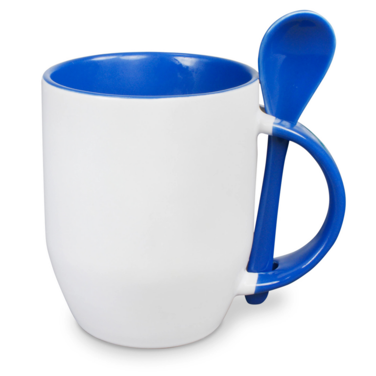 Weiße Keramiktasse im Löffelbecher-Design mit blauem Henkel, Innenfläche und passendem Löffel – perfekt als kaffeetassen mit firmenlogo für Meetings und Events