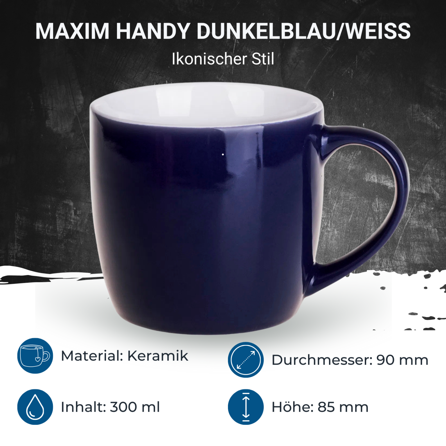maxim-handy-dunkelblau-weiss-.masse Werbetasse Handy dunkelblau / weiß