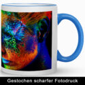 Tasse Max mit Henkel in Cambridge Blau und farbintensivem Porträt als Beispiel für gestochen scharfen Fotodruck