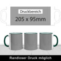 Druckbereich der Tasse Max in Dunkelgrün: 205 x 95 mm, randloser Druck möglich