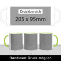 Druckbereich der Tasse Max in Hellgrün: 205 x 95 mm, randloser Druck möglich
