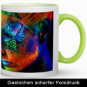 Tasse Max mit Henkel in Hellgrün und farbintensivem Porträt als Beispiel für gestochen scharfen Fotodruck