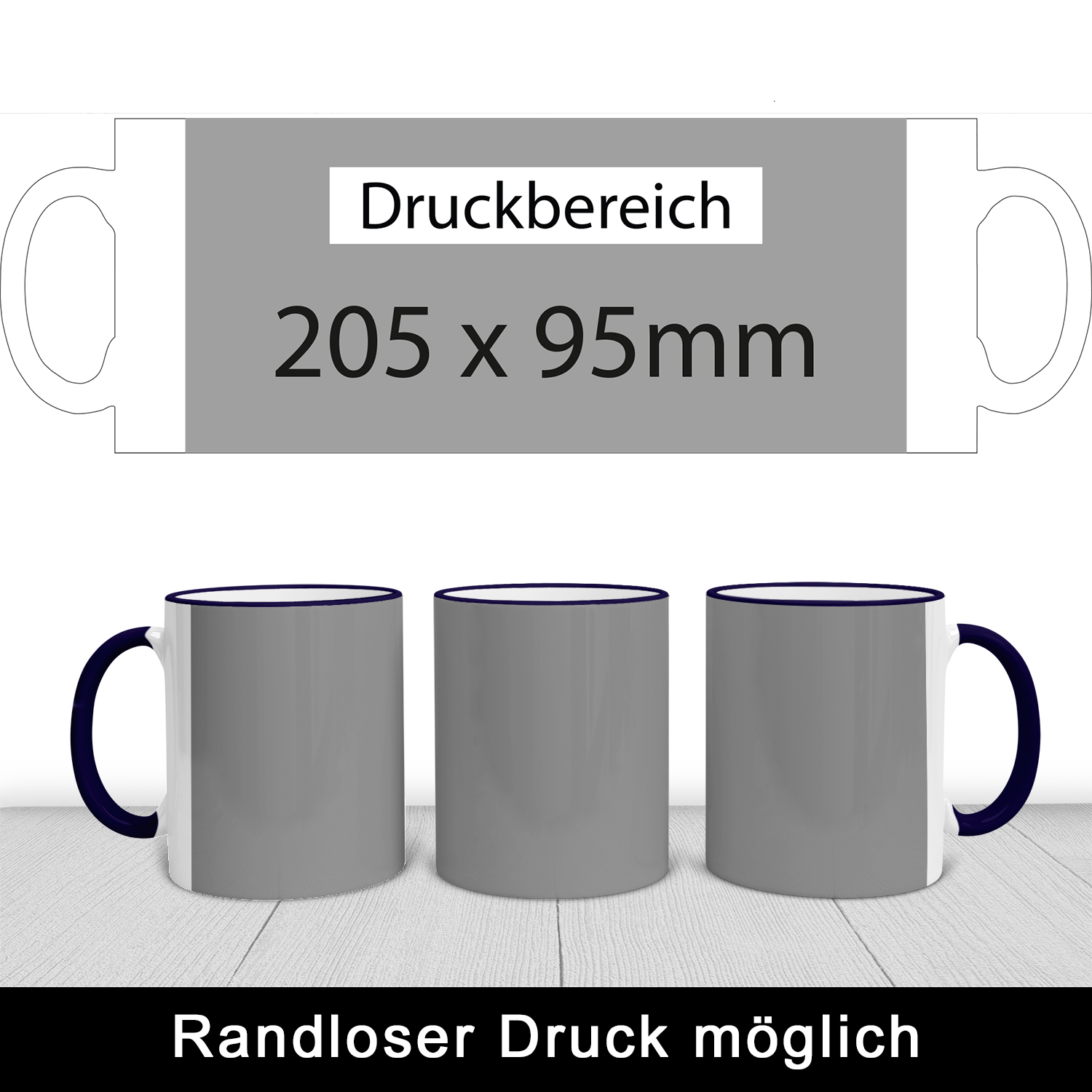Keramiktasse Max kobaltblau – Druckbereich 205 x 95 mm Druckbereich der Keramiktasse Max in Kobaltblau: 205 x 95 mm, randloser Druck möglich