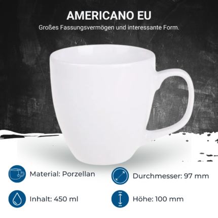 Produktgrafik der Tasse „Americano EU“ mit Material-, Volumen- und Maßangaben – technische Details für tassen bedrucken spülmaschinenfest.