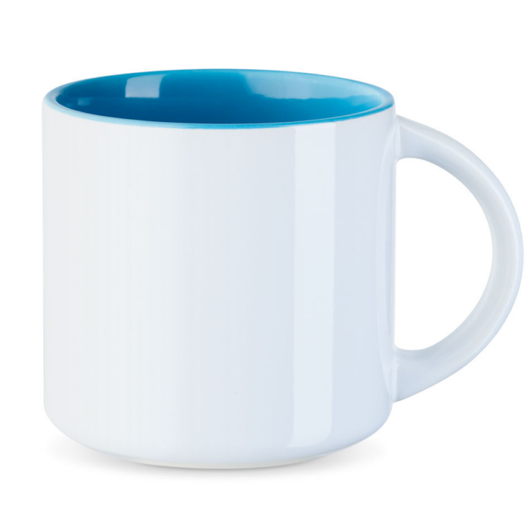 Weiße Keramiktasse mit hellblauem Innenbereich und großem Henkel, idealer Werbemittel Becher zur individuellen Bedruckung.