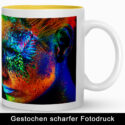 Günstige werbetassen mit farbintensivem, gestochen scharfem Fotodruck auf weißer Tasse; Innenrand in leuchtendem Gelb