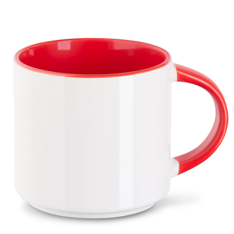 Weiße stapelbare Keramiktasse mit rotem Innenbereich und Henkel; ideales Modell, um tassen werbemittel bedrucken und aufmerksamkeitsstark zu verteilen.