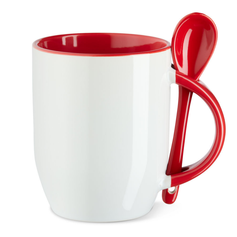 Gesamtdarstellung eines weißen Löffelbechers mit rotem Henkel, Löffel und Innenlackierung, geeignet als Werbegeschenk Becher mit Logo.