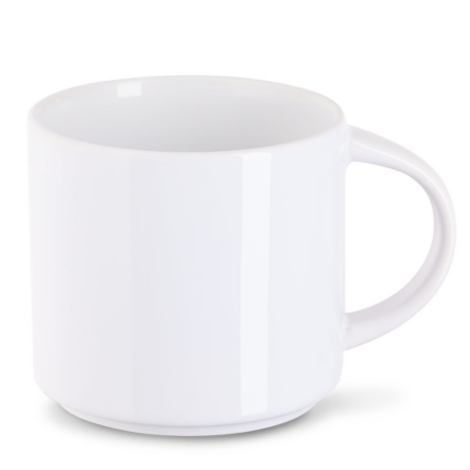 Einzelne stapelbare Keramiktasse in Reinweiß mit klassischem Henkel, ideal zum Veredeln als werbegeschenke tassen mit logo.