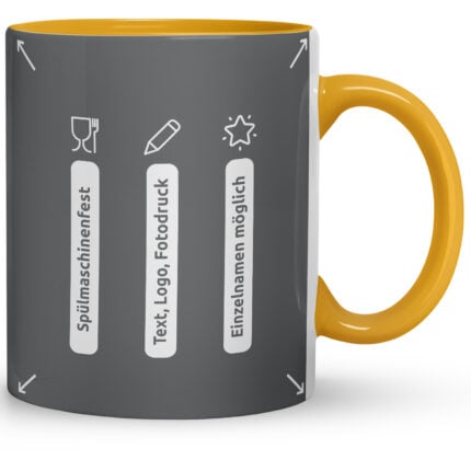 Gelb akzentuierter Keramikbecher zeigt Icons zu Spülmaschinenfestigkeit, Logo-, Text- und Fotodruck sowie Personalisierung – übersichtliche Funktionsgrafik für einen kaffeebecher bedruckt