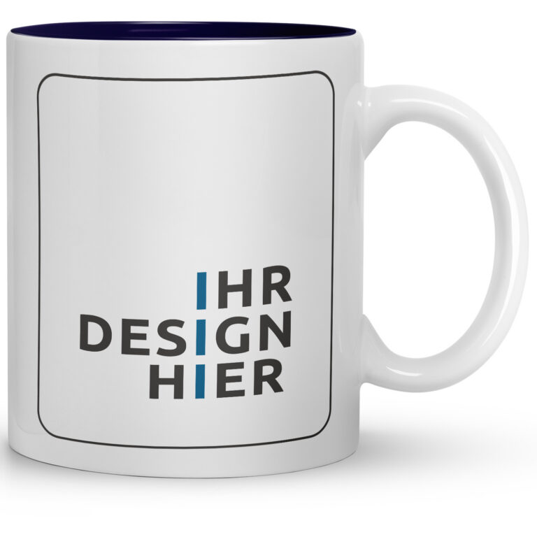 Weißer Kaffeebecher Werbegeschenke mit eingezeichnetem Druckbereich und Schriftzug „Ihr Design hier“