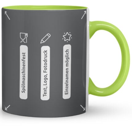 Hellgrün akzentuierte Tasse zeigt Icons für Spülmaschinenfestigkeit, Text-/Logo-/Fotodruck und Personalisierung – übersichtliche Funktionsgrafik zum kaffeetassen bedrucken