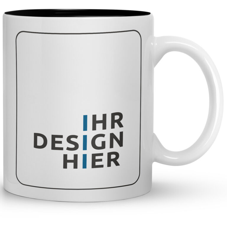 Weiße kaffeetassen bedrucken lassen mit klar umrandeter Druckfläche „Ihr Design hier“ und schwarzem Innenrand – ideal für Firmenlogo oder Werbemotiv