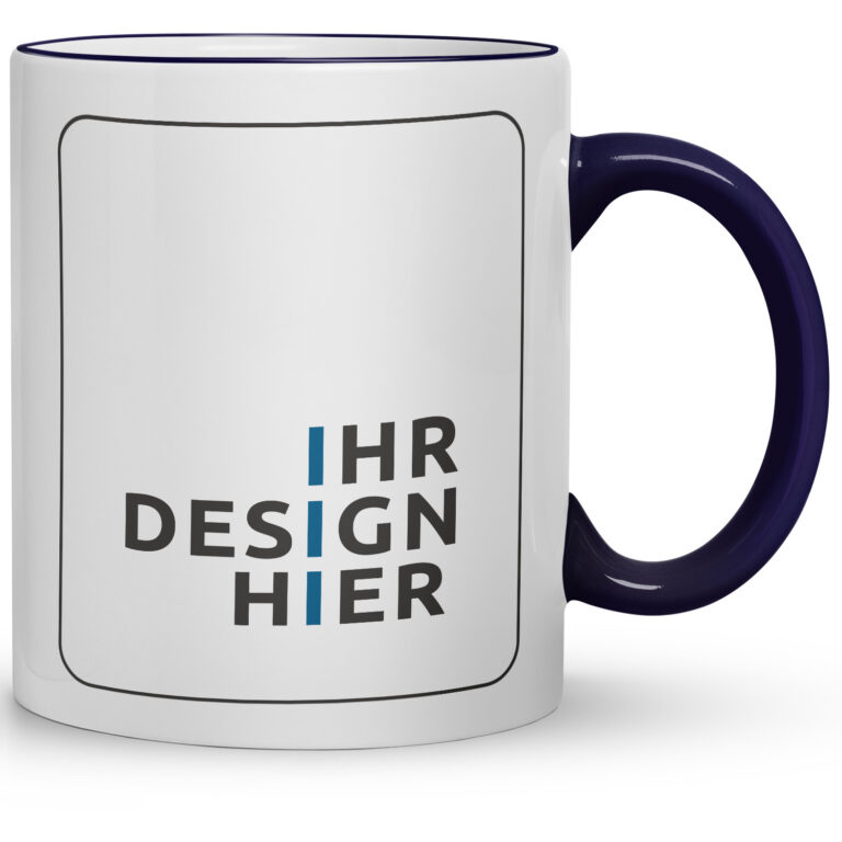 Frontale Ansicht einer weißen Tasse mit kobaltblauem Henkel und Leerfeld „Ihr Design hier“ – ideale Vorlage zum Gestalten einer Keramiktasse