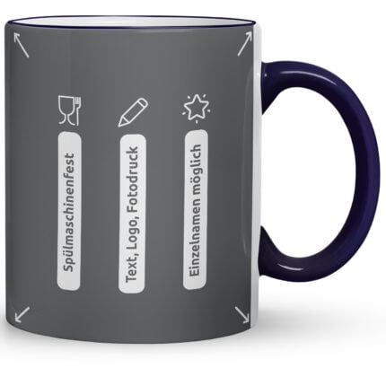 Kobaltblaue Tasse mit Symbolen für Spülmaschinen­festigkeit, Text/Logo/Fotodruck und individuelle Namensgravur – Funktionsübersicht beim Keramiktassen Bedrucken