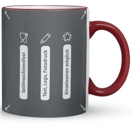 Bordeauxrote Tasse mit Symbolen für Spülmaschinenfestigkeit, Text/Logo/Fotodruck und individuelle Namensgravur – Funktionsübersicht einer Merchandise Tasse