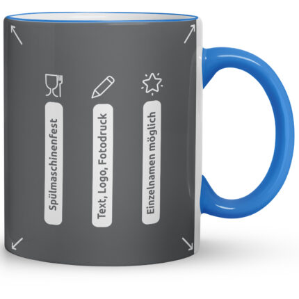 Tasse Max in Cambridge Blau mit Hinweisen: spülmaschinenfest, Text-, Logo- und Fotodruck, Einzelnamen möglich