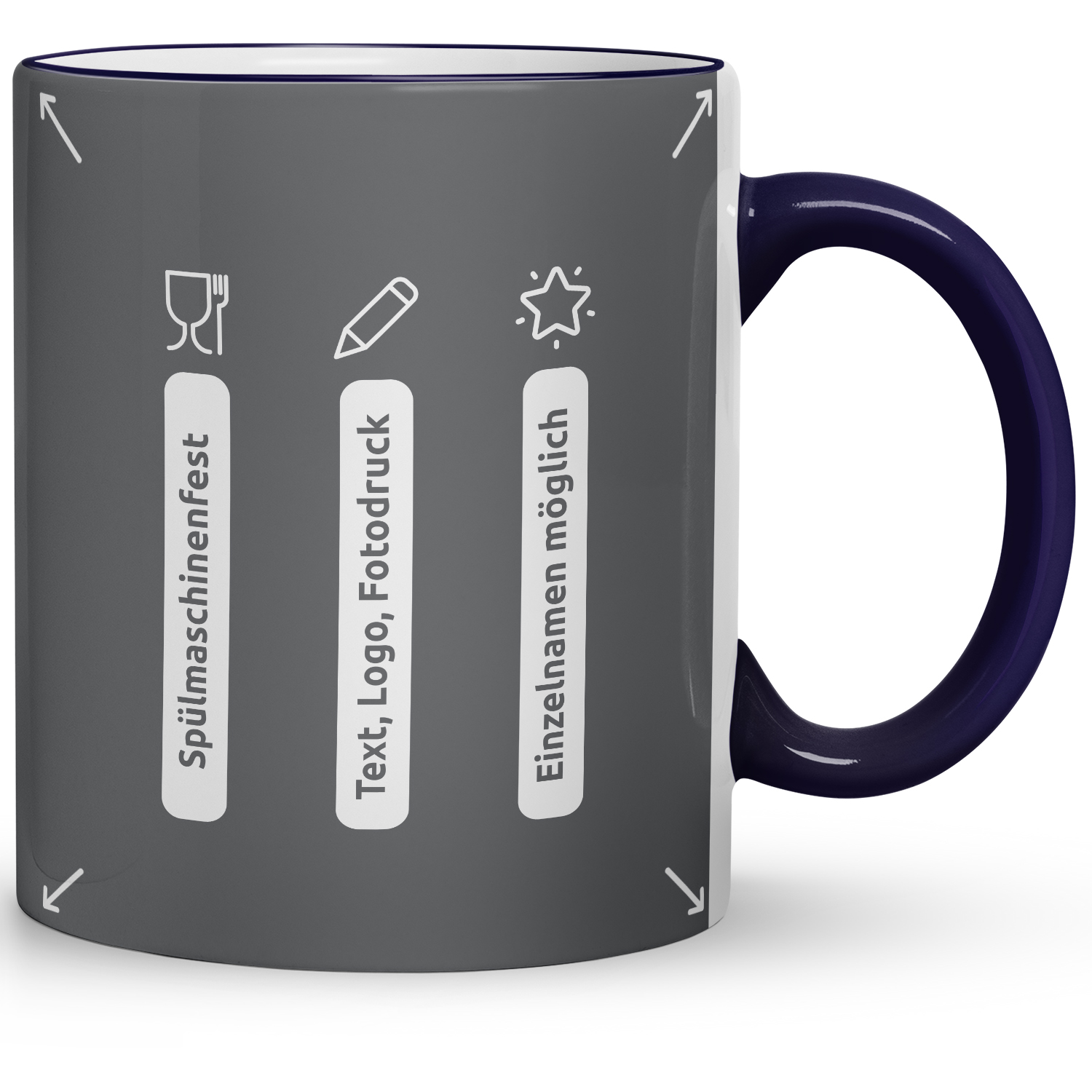 Keramiktasse Max kobaltblau – Eigenschaften Keramiktasse Max in Kobaltblau mit Hinweisen: spülmaschinenfest, Text-, Logo- und Fotodruck, Einzelnamen möglich