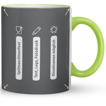 Hellgrün akzentuierte Tasse zeigt Icons zu Spülmaschinenfestigkeit, Text-/Logo-/Fotodruck und Namens­personalisierung – übersichtliche Funktionsgrafik für eine Tasse mit Aufdruck
