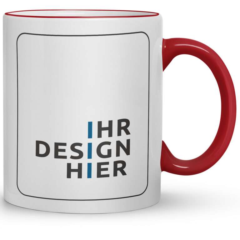 Frontalansicht einer weißen Tasse mit rotem Henkel und leerem Druckfeld „Ihr Design hier“ – ideale Vorlage zum Gestalten einer individuellen Tasse mit Werbeaufdruck