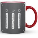 Rote Tasse mit Icons für Spülmaschinenfestigkeit, Text/Logo/Fotodruck & individueller Namensgravur – Funktionsübersicht einer Tasse mit Werbeaufdruck