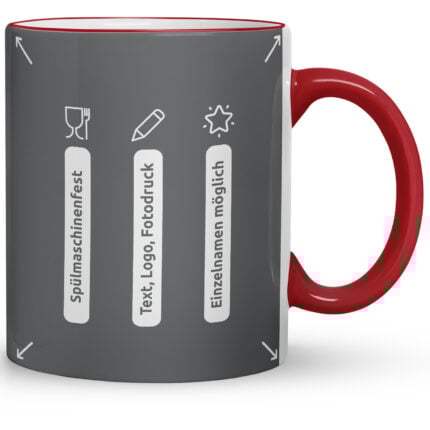 Rote Tasse mit Icons für Spülmaschinenfestigkeit, Text/Logo/Fotodruck & individueller Namensgravur – Funktionsübersicht einer Tasse mit Werbeaufdruck