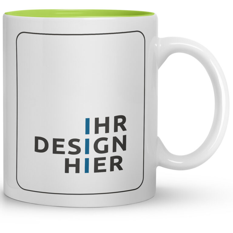 Weiße tassen bedrucken kleinauflage mit klar umrandeter Druckfläche „Ihr Design hier“ und hellgrünem Innenrand – ideal für individuelle Firmenmotive