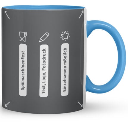 Hellblau akzentuierte Tasse zeigt Icons zu Spülmaschinenfestigkeit, Text-/Logo-/Fotodruck und Personalisierung – übersichtliche Funktionsgrafik zum tassen bedrucken lassen