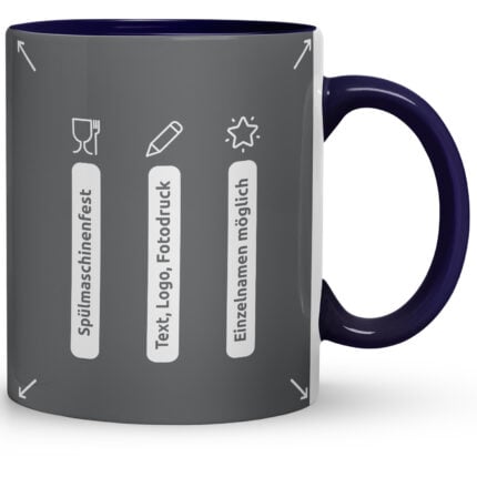 Dunkelblau ausgekleidete Keramiktasse zeigt Icons zu Spülmaschinenfestigkeit, Text-, Logo- und Fotodruck sowie Personalisierung – übersichtliche Feature-Grafik für Tassen bedrucken Logo