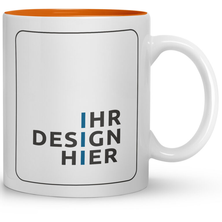 Weiße Tasse mit eingezeichnetem Druckbereich und Schriftzug „Ihr Design hier“, orangefarbene Innenseite – tassen bedrucken Werbemittel