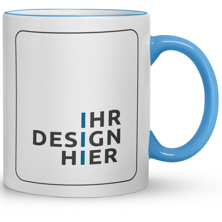 Frontale Ansicht einer weißen Tasse mit hellblauem Henkel und großem leerem Druckfeld „Ihr Design hier“ – perfekte Vorlage, um Tassen mit Logo in Kleinauflage zu gestalten