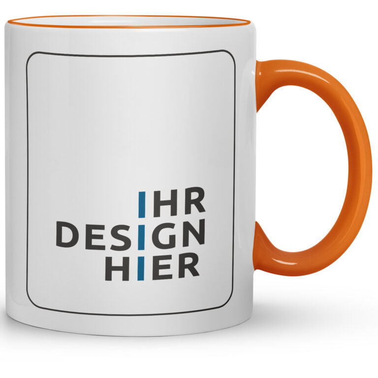 Frontale Ansicht einer weißen Tasse mit orangem Henkel und großem, leerem Druckfeld „Ihr Design hier“ – perfekte Vorlage zum Gestalten individueller Tassen mit Logo und Namen