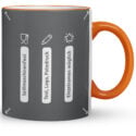 Orange akzentuierte Tasse präsentiert Icons zu Spülmaschinenfestigkeit, Text/Logo/Fotodruck und individueller Namensgravur – Funktionsübersicht für Tassen mit Logo und Namen