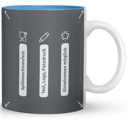 Hellblaue Tasse mit Icons für Spülmaschinen­festigkeit, Text/Logo/Fotodruck & individuelle Namensgravur – Funktionsübersicht der Kaffeetassen als Werbeartikel