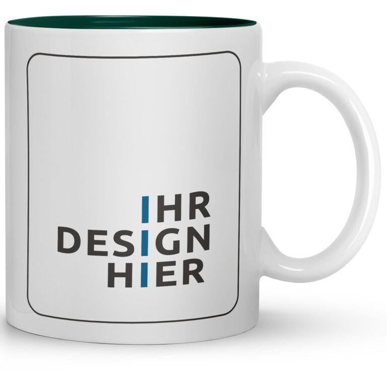 Weiße werbeartikel tassen mit logo mit markierter Druckfläche und Schrift „Ihr Design hier“, dunkelgrüner Innenrand