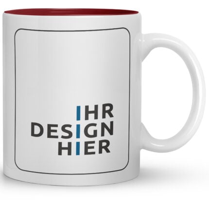 Weiße werbegeschenke tassen bedruckt mit rot ausgekleidetem Innenrand; markierte Druckfläche und Schrift „Ihr Design hier“