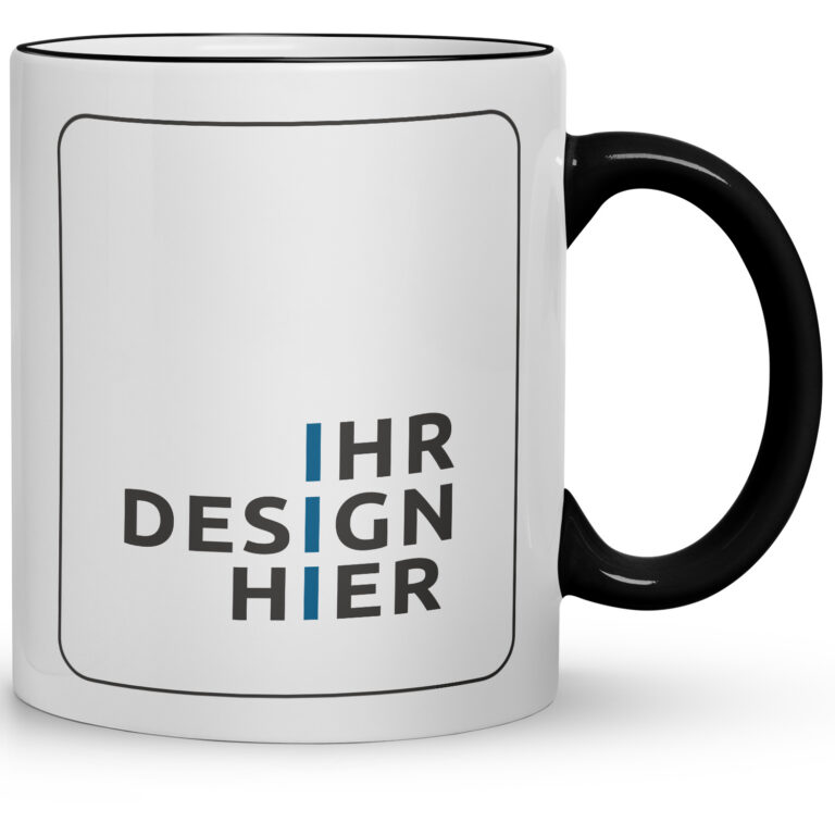 Frontale Ansicht einer weißen Tasse mit schwarzem Henkel und leerem Druckfeld „Ihr Design hier“ – ideale Vorlage zum Gestalten individueller Werbetassen bedruckt