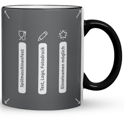 Schwarze Tasse mit Icons zu Spülmaschinenfestigkeit, Text/Logo/Fotodruck & individueller Namensgravur – Funktionsübersicht für Werbetassen bedruckt
