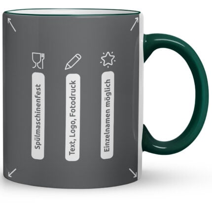 Dunkelgrüne Tasse mit Symbolen für Spülmaschinenfestigkeit, Text/Logo/Fotodruck und individueller Namensgravur – Funktionsübersicht einer Werbetasse günstig bedrucken