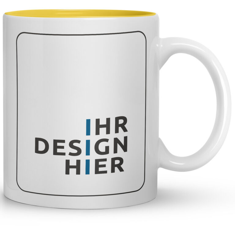 Weiße werbetassen günstig mit klar umrandeter Druckfläche „Ihr Design hier“ und gelbem Innenrand – bereit für Ihr Firmenlogo