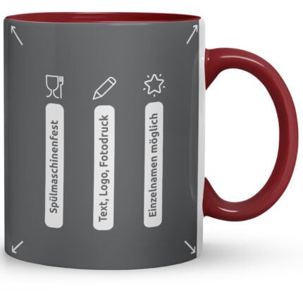 Rot akzentuierte Keramiktasse zeigt Icons für Spülmaschinenfestigkeit, Logo-, Text- und Fotodruck sowie Personalisierung – übersichtliche Featuregrafik für werbetassen mit druck günstig