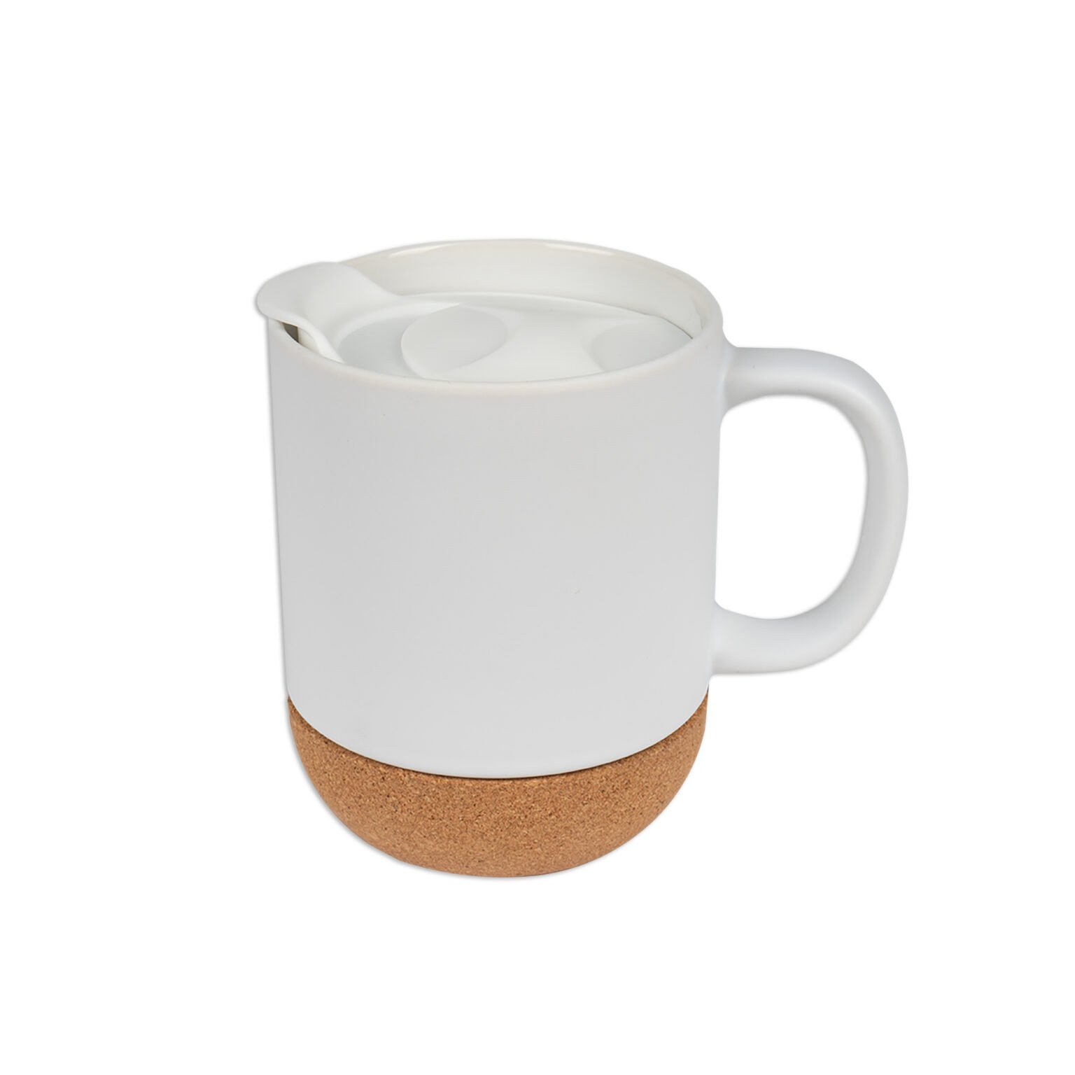 Keramiktasse mit Korksockel und aufgesetztem weißen Trinkdeckel – klassische keramiktasse mit korksockel für unterwegs.
